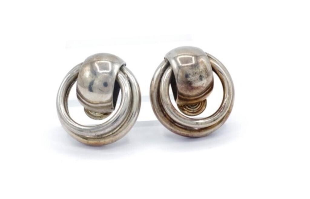 Modernist large silver ear clips
