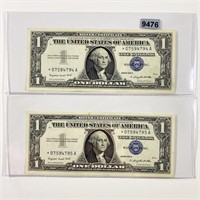 (2) 1957 Blue Seal $1 Bills ABOUT UNCIRCULATED