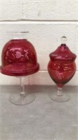 Cranberry glass ferry lamp 9”, candy dish 8”