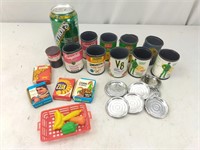 VINTAGE CHILDRENS PLASTIC PLAY FOOD CANS & MORE