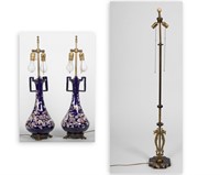 Pair Cobalt Faience Lamps and Floor Lamp