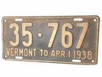 Vermont 1938 License Plate