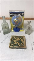 Globe pencil sharpener,bottles,rain plaque
