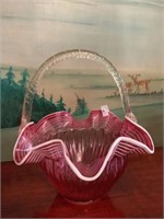 Murano cranberry ruffled basket opalescent