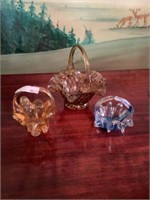 3 antique art glass handle baskets