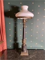 Leather And brass table lamp with milk glass shade