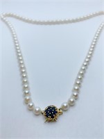 14K - 22" LONG NATURAL PEARL NECKLACE W/ SAPPHIRE