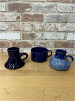 3 blue coffee tea mugs ceramic stoneware