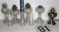 5 Old Oil lamps & 3 Chimneys