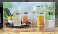 Gourmet Basics 4ct/18oz Glass Tumblers w/Lid&Straw