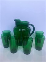Vintage Forest Green Glass Pitcher & Tumblers