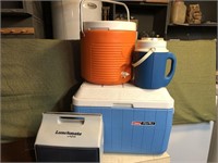 Lunchmate Cooler, 2 Water Coolers, & an Ice Chest