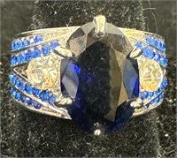 Faux Oval Blue Sapphire & Cz Diamond Ring