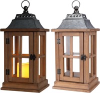 2 Vintage 15in Wooden Lanterns  Brown