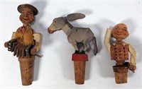 3 Hand Carved Bottle Stoppers - 3.5", damage to