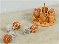 wood egg cups/ tray & ceramic coin salt & pepper