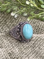 Antique Silver Turquoise Flower Sterling Ring