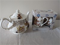 Vtg Kent Pottery Cups / Teapot - Bear Design NIB