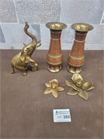 Brass elephant, vases, candle holders