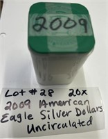 LOT#28) 20X-2009 AMERICAN EAGLE SILVER DOLLARS UNC