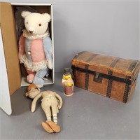 Antique doll trunk with cloth Brownie doll (as