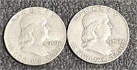 2- .9 Silver Franklin Half Dollars 1960D, 1962D