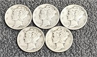 5- .9 Silver Mercury Dimes-1936S, 1937P, 1941P,