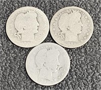 3- .9 Silver Barber Quarters - 1901, 1903?, 1908