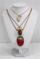 3pc Rhinestone & Enamel Owl Pendant Necklaces