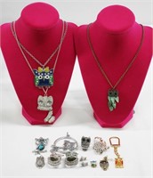 12pc Owl Pendants, Rings, Earrings, Brooches