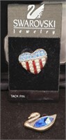 (DT) Swarovski Crystal Flag and Swan Tack Pin