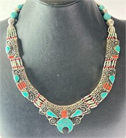 16" Alpaca Tibetan Silver Turquoise/Coral Necklace
