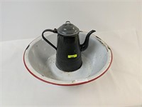 Gray Enameled Tea Pot and Enameled Wash Basin