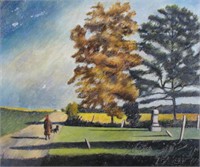 Charles Duff 15x18 O/P/B Woman Walking Dog