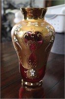 Bohemian Cranberry Vase Hand Painted Flowers