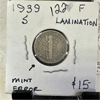 1939-S MERCURY SILVER DIME / LAMINATION ERROR