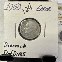 1950 ROOSEVELT SILVER DIME DIE CRACK ERROR