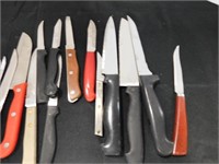 one touch can opener, 15+ vintage kitchen knives
