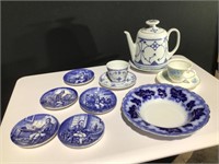 (10) Blue & White Dish Lot Teapot,Plates Flow