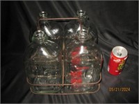 Antique Metal Milk Carrier W Bottles