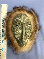 8" soapstone and wolf ruff, carved mask by Michael