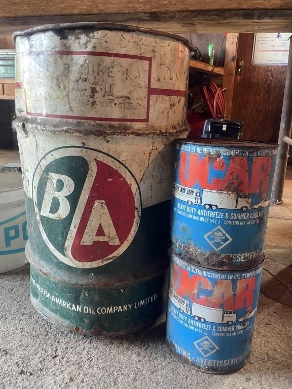 Vintage B/A bulk oil can, and two Ucar coolant