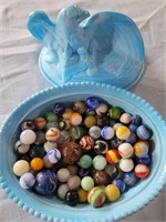 Blue slag glass eagle on nest & 100 old marbles