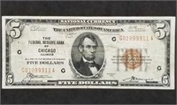 1929 $5 National Currency Chicago, Crisp Note