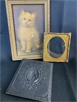 Tin Picture Frame And Vintage Cat Picture