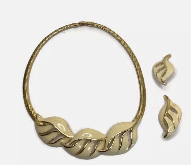 Leaf Gold Tone White Enamel Earing and Necklace