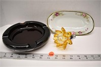 Brown glass ashtray, unmarked dish and crystal