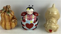 Ceramic cookie jars:  Mrs Fields Lafybug, dog and