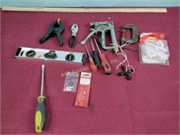 Level, clamp, screwdrivers, misc. hand tools