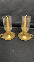 2 brass candlestick holders w/ etched